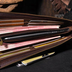 Handmade Leather Mens Cool Long Leather Wallet Zipper Clutch Wallet for Men