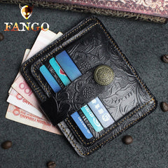 Handmade Leather Floral Mens Cool Front Pocket Wallet billfold Wallet Card Holder Small Card Slim Wallets for Men
