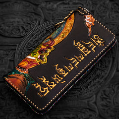 Handmade Leather Tooled Yellow Jambhala Mens Chain Biker Wallet Cool Leather Wallet Zipper Long Phone Wallets for Men