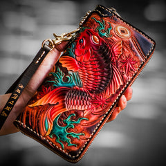 Handmade Leather Tooled Carp Mens Chain Biker Wallet Cool Leather Wallet Long Phone Wallets for Men