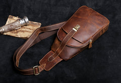 Handmade Leather Mens Cool Chest Bag Sling Bag Crossbody Bag Travel Bag Hiking Bag for men