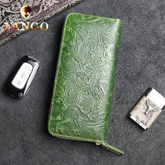 Handmade Leather Floral Mens Cool Travel Long Wallet Card Holder Card Slim Clutch Wallets for Men