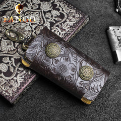 Handmade Leather Floral Mens Cool Car Key Wallet Coin Wallet Pouch Car KeyChain for Men