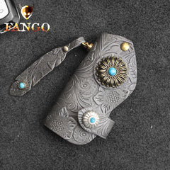 Handmade Leather Floral Mens Cool Car Key Wallet Coin Wallet Pouch Car KeyChain for Men