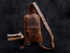 Handmade Leather Mens Cool Chest Bag Sling Bag Crossbody Bag Travel Bag Hiking Bag for men