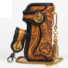 Handmade Mens Cool Tooled Floral Leather Chain Wallet Biker Trucker Wallet with Chain