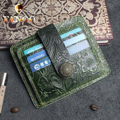 Handmade Leather Floral Mens Cool Front Pocket Wallet billfold Wallet Card Holder Small Card Slim Wallets for Men