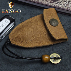 Handmade Leather Floral Mens Cool Car Key Wallet Coin Wallet Pouch Car KeyChain for Men