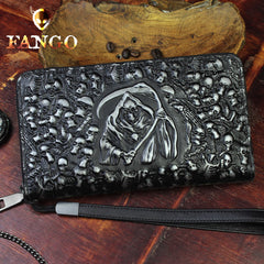 Handmade Leather Mens Tooled Skull Death Cool Zipper Phone Travel Long Wallet Card Holder Card Slim Clutch Wallets for Men