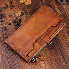 Handmade Leather Mens Cool Long Leather Wallet Bifold Clutch Wallet for Men