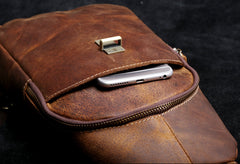 Handmade Leather Mens Cool Chest Bag Sling Bag Crossbody Bag Travel Bag Hiking Bag for men