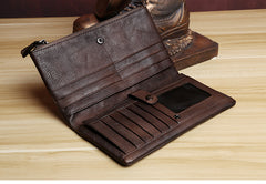 Handmade Leather Mens Cool Long Leather Wallet Card Wallet Clutch Wristlet Wallet for Men