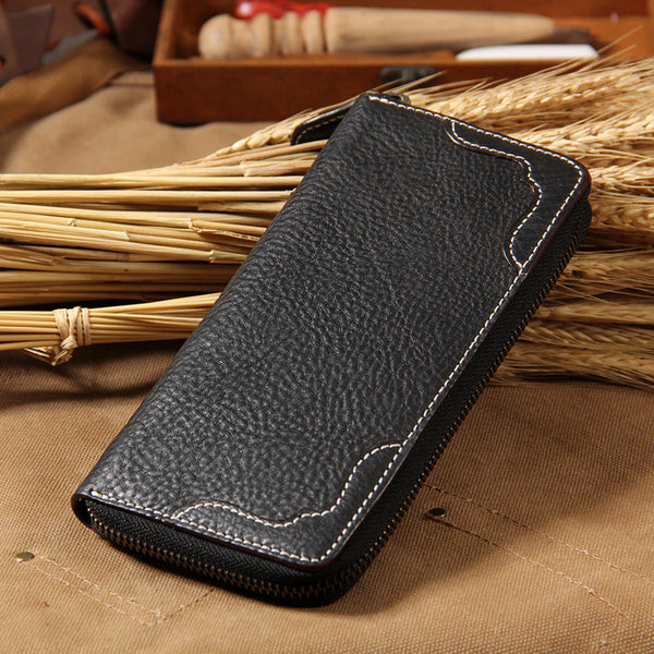 Cool Handmade Leather Black Mens Clutch Vintage Zipper Wallet for Men