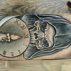 [On Sale]Handmade Leather Skull Death Tooled Mens Long Wallet Cool Leather Wallet Clutch Wallet for Men