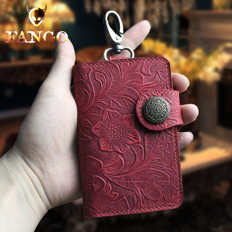 Handmade Leather Floral Mens Cool Key Wallet Wallet Card Holder Small Card Keychain Wallets for Men