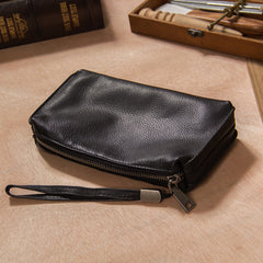 Cool Leather Mens Clutch Wristlet Bag Black Zipper Clutch for Men