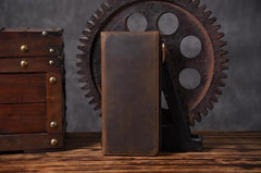 Handmade Leather Mens Cool Long Leather Wallet Zipper Clutch Wallet for Men