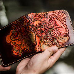 Handmade Leather Chinese Lion Tooled Mens billfold Wallet Cool Leather Wallet Slim Wallet for Men