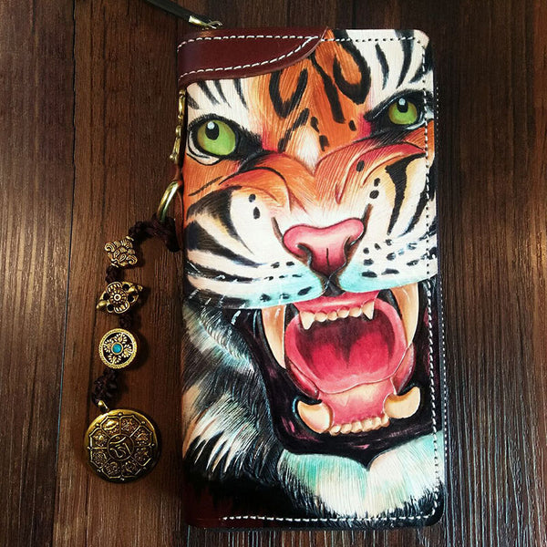 Handmade Leather Mens Clutch Wallet Cool Tiger Tooled Chain Wallet Biker Wallets for Men