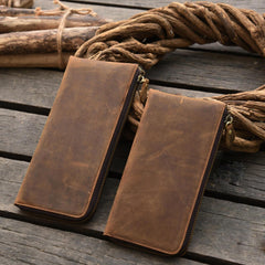 Handmade Leather Mens Cool Long Leather Wallet Zipper Clutch Wallet for Men