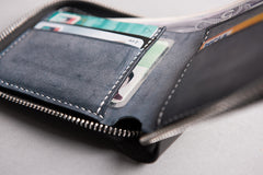 Handmade Leather Mens Cool Slim Leather Zipper Wallet Men Small Wallets Bifold for Men