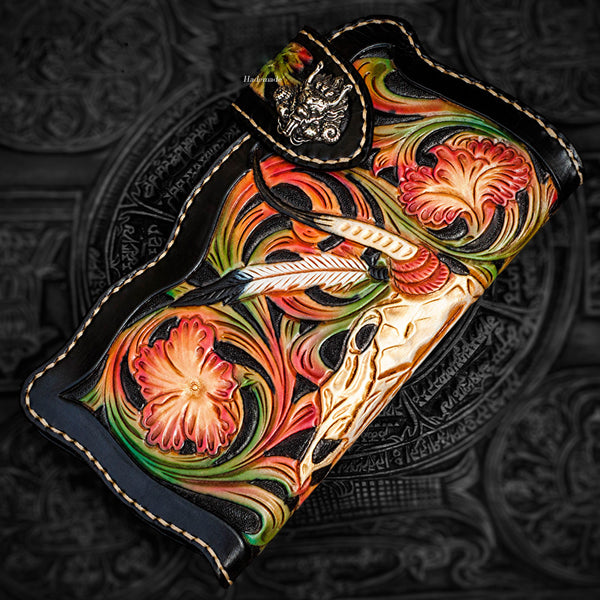 Handmade Leather Black Mens Tooled Skull Chain Biker Wallet Cool Leather Wallet Long Clutch Wallets for Men