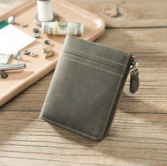 Handmade Leather Mens Cool Slim Leather Zipper Wallet Men Small Wallets Bifold for Men