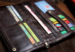 Handmade Leather Mens Cool Long Leather Wallet Slim Zipper Clutch Wristlet Wallet for Men