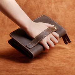 Genuine Leather Mens Cool Long Leather Wallet Zipper Clutch Wristlet Wallet for Men