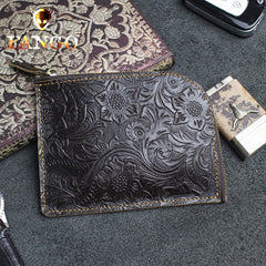 Handmade Leather Floral Mens Front Pocket Wallet Cool Slim Leather Wallet Men billfold Wallets Bifold for Men
