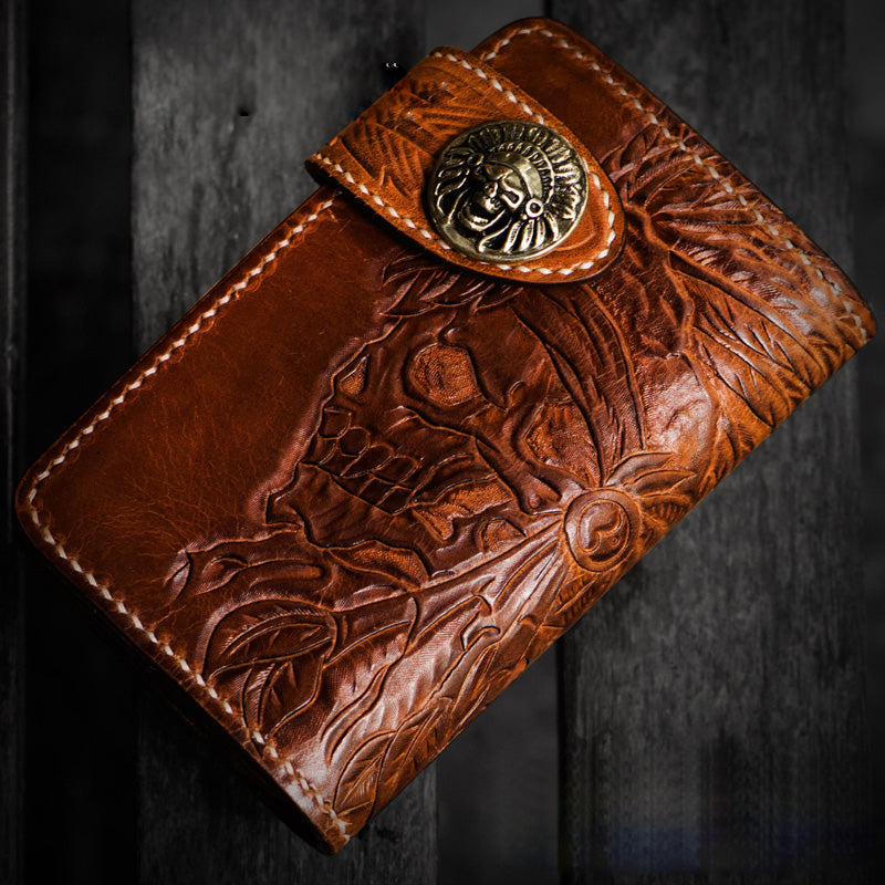 Handmade Leather Tooled Skull Indian Chief Biker Wallet Mens Cool billfold Chain Wallet Trucker Wallet with Chain