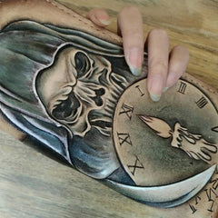 [On Sale]Handmade Leather Skull Death Tooled Mens Long Wallet Cool Leather Wallet Clutch Wallet for Men