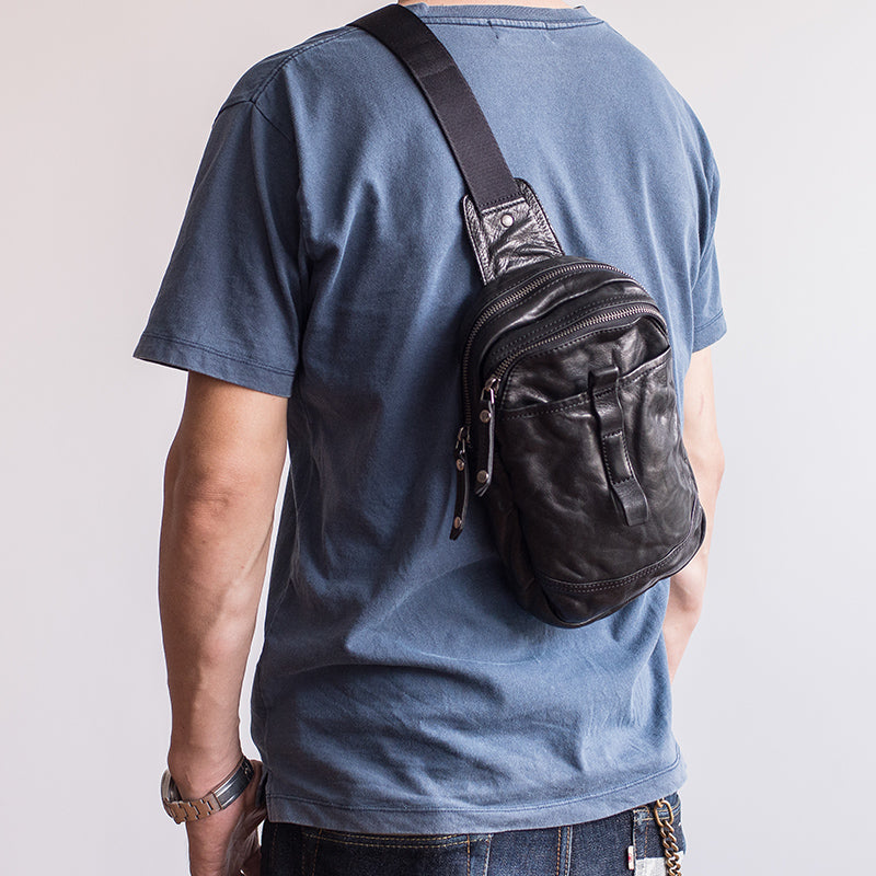 Leather Mens Cool Sling Bag Crossbody Bag Chest Bag for Men Blue