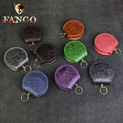 Handmade Leather Floral Round Mens Cool Slim Change Wallet Coin Wallet Pouch for Men
