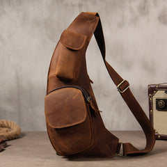 Hanmade Genuine Leather Vintage Brown Coffee Mens Cool Sling Bag Crossbody Bag Chest Bag for men