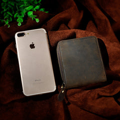 Handmade Leather Mens Cool Zipper Leather Wallet Card Wallet Men Small Wallets Bifold for Men