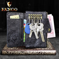 Handmade Leather Floral Mens Cool Key Wallet Wallet Card Holder Small Card Keychain Wallets for Men