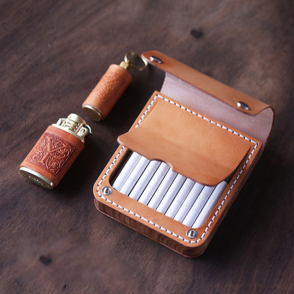 Handmade Wooden Beige Leather Mens 20pcs Cigarette Case Cool Custom Cigarette Holder for Men - iwalletsmen