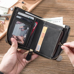 Handmade Leather Mens Cool Slim Leather Zipper Wallet Men Small Wallets Bifold for Men