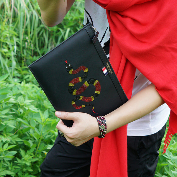 Handmade Leather Mens Clutch Snake Cool Slim Wallet Zipper Clutch Wristlet Wallet for Men - iwalletsmen