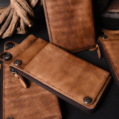 Handmade Mens Cool Long Leather Chain Wallet Cards Biker Trucker Wristlet Wallet - iwalletsmen