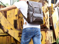 Genuine Leather Mens Cool Backpack Sling Bag Large Black Travel Bag Hiking Bag for men