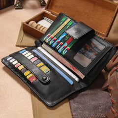 Cool Men long Leather Wallet Black Multi Cards Wallet for Men