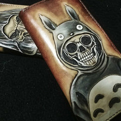 Handmade Leather Skull Totoro Tooled Mens Long Wallet Cool Leather Wallet Clutch Wallet for Men