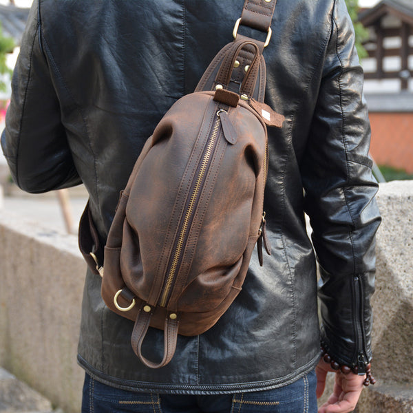Handmade Leather Mens Cool Chest Bag Sling Bag Crossbody Bag Travel Bag Hiking Bag for men