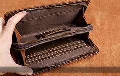 Genuine Leather Mens Cool Long Leather Wallet Zipper Clutch Wristlet Wallet for Men