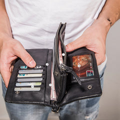 Handmade Mens Cool Long Leather Chain Wallet Cards Biker Trucker Wristlet Wallet - iwalletsmen