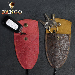 Handmade Leather Floral Mens Cool Car Key Wallet Coin Wallet Pouch Car KeyChain for Men