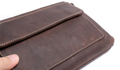 Genuine Leather Mens Cool Long Leather Wallet Zipper Clutch Wristlet Wallet for Men