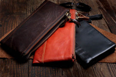 Handmade Leather Mens Cool Long Leather Wallet Slim Zipper Clutch Wristlet Wallet for Men